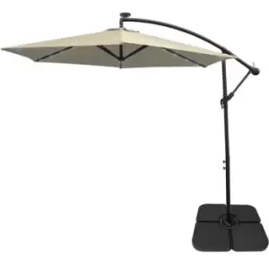 Image of Cream LED Cantilever Parasol 3m Banana Hanging Umbrella Garden Sun Shade Canopy Patio 360 Rotation Tilt uv Protection Winding Crank 24 Solar Powered