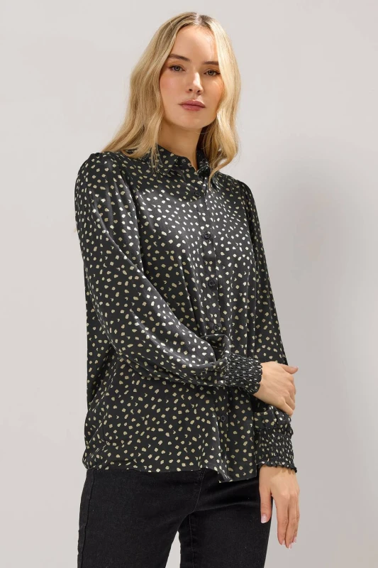 Image of Long Tall Sally Womens Tall Spot Balloon Sleeve Shirt in Black Size: 14 Black Female 14