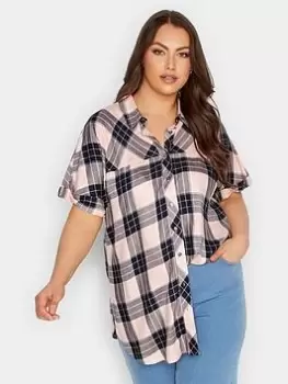 Image of Yours Short Sleeve Check Shirt - Pink, Size 30-32, Women