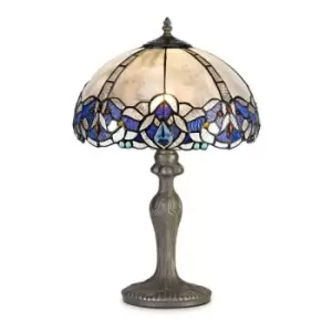Image of Luminosa Lighting - 1 Light Curved Table Lamp E27 With 30cm Tiffany Shade, Blue, Clear Crystal, Aged Antique Brass