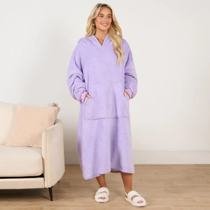 Image of OHS OHS Long Oversized Sherpa Fleece Hoodie Blanket in Lilac Lilac One Size Unisex 5027434194377