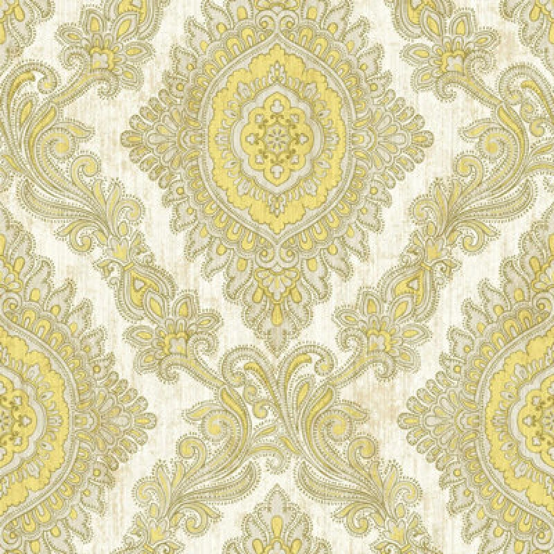 Image of Wallquest Villa Rosa Damask Yellow Wallpaper Floral Classic Acrylic Coated