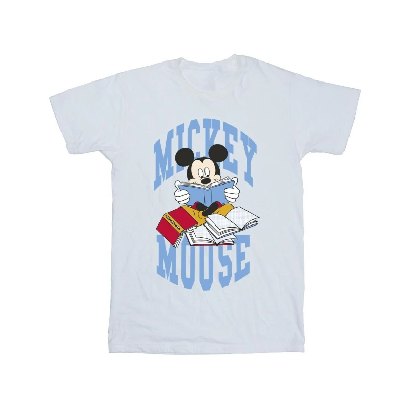 Image of Disney Men Mickey Mouse Reading Books Cotton T-Shirt in White Size: Small White S Male 5063376462228