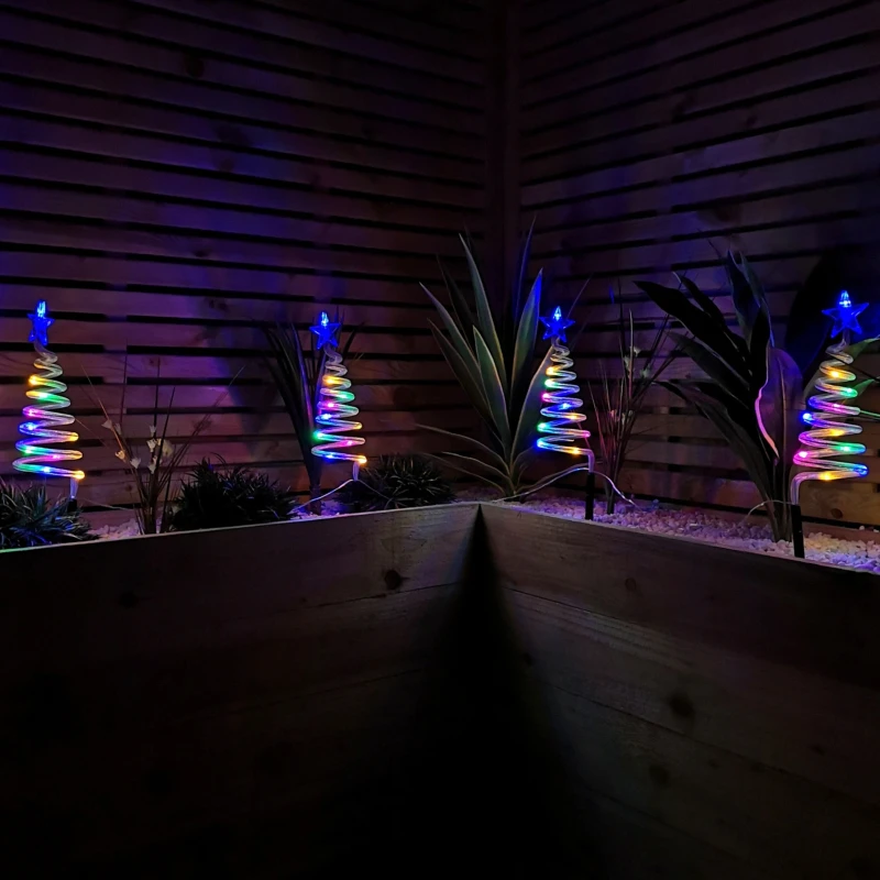 Image of Set of 4 Battery Operated LED Multi Coloured Spiral Tree Path Lights Christmas Decoration with Timer