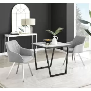 Image of Furniturebox UK - Furniturebox Carson White Marble Effect Square Dining Table & 2 Light Grey Falun Silver Leg Fabric Chairs
