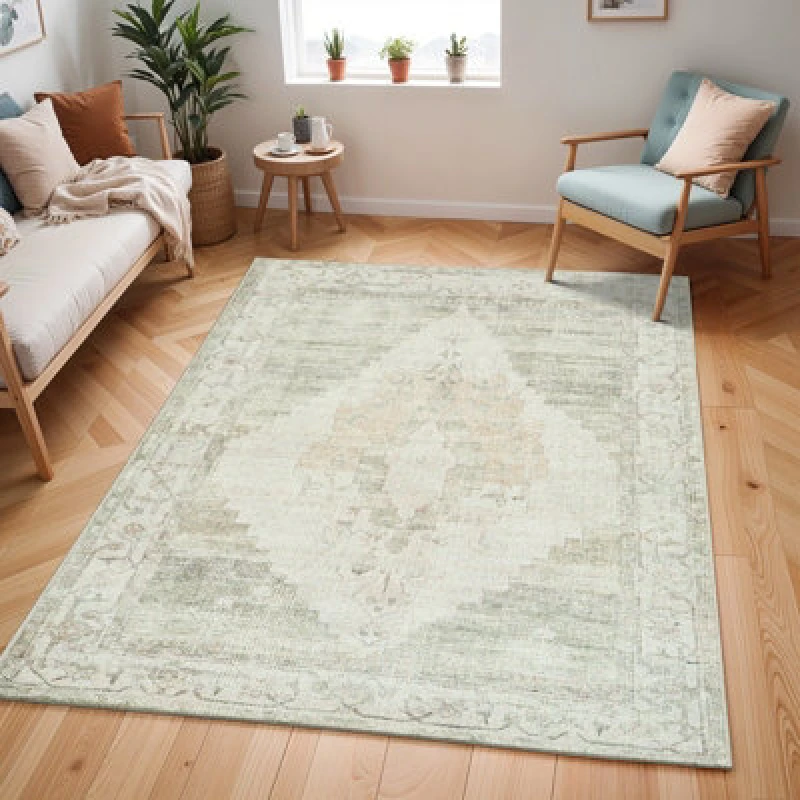Image of Becki Owens X Livabliss Vintage Oriental Boho Sage Green Luca Area Rug 120 X 170 Cm - Easy Care, Ideal For Living Room & Bedroom