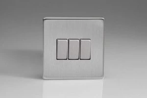 Image of Varilight Screwless 3 Gang 2 Way Switch With Metal Rocker (Single XDS3S) - Brushed Steel - XDS3S