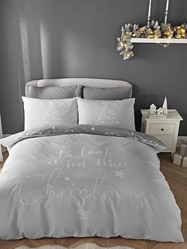 Image of Catherine Lansfield Catherine Lansfield 'A Lot Like Christmas' Reversible Duvet Cover Set in Grey Size: Double Grey Double Unisex 5057681159805