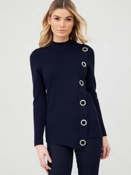 Image of Wallis Eyelet Wrap High Neck Jumper - Navy, Size 14, Women
