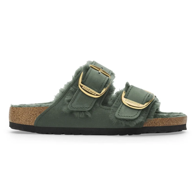 Image of Birkenstock Womens mules Birkenstock Arizona Big Buckle Shearling Oiled Leather Vert Female 38 Etroit