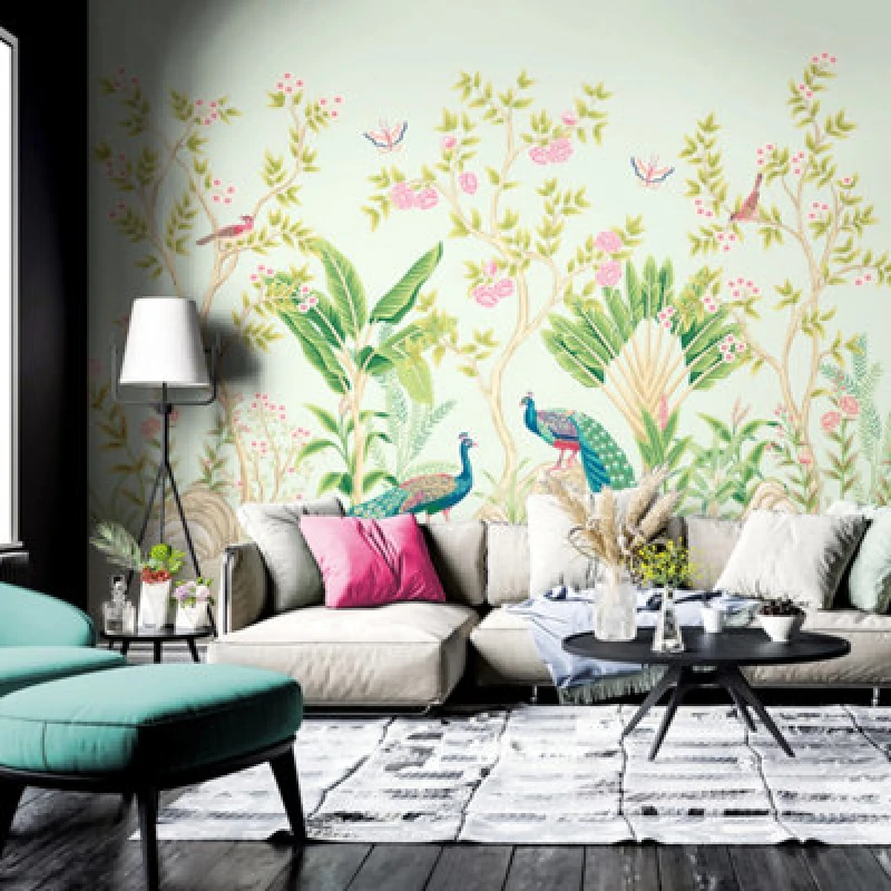 Image of Origin Murals Peacock Garden Wall Mural in Light Blue Size: W350cm x H280cm Light Blue Unisex W350cm x H280 cm