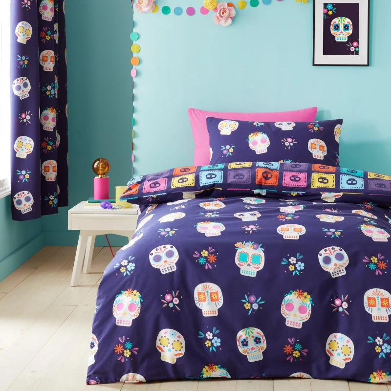 Image of Catherine Lansfield Sugar Skull Fiesta Duvet Cover and Pillowcase Set Purple