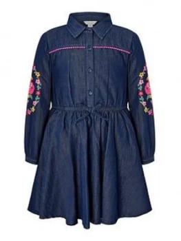 Image of Monsoon Girls Embroidered Chambray Shirt Dress - Blue