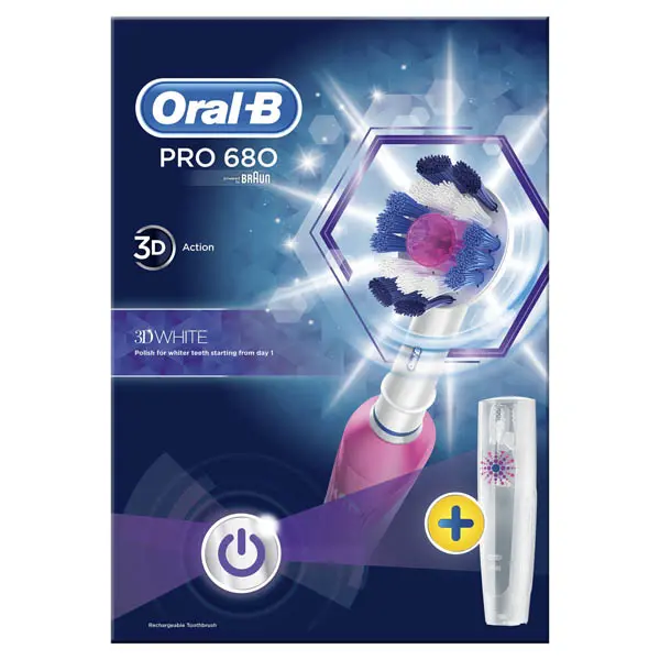 Image of Oral B Pro 680 3D White Rechargeable Electric Toothbrush with Travel Case