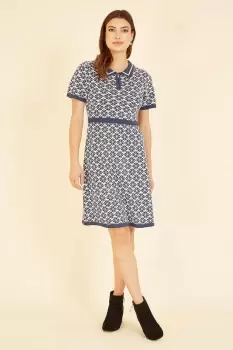Image of Blue Intarsia Daisy Knitted Dress With Zip Collar
