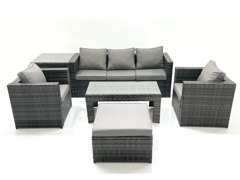 Image of Fimous Rattan Garden Furniture Set Outdoor Lounger Sofa with Coffee Table 2 Armchair Big Footstool Side Table Dark Grey Mixed Dark Grey