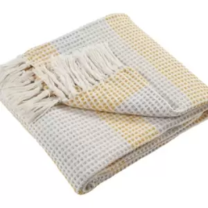 Image of Loft Reva Woven 100% Recycled Cotton Rich Fringed Throw, Ochre, 130 x 180 Cm - Appletree