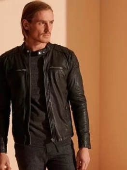 Image of Superdry Moto Racer Leather Jacket - Black, Size XL, Men