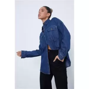 Image of I Saw It First Mid Wash Oversized Pocketed Denim Shirt - Blue