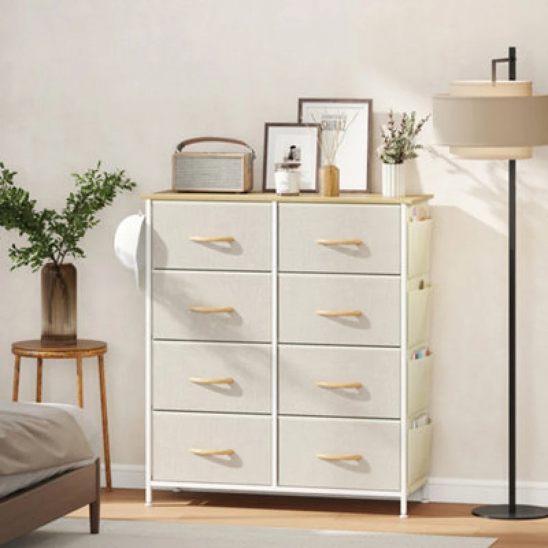 Image of HOMCOM HOMCOM Chest of Drawers with Fabric Drawers Dresser for Bedroom in Beige Size: large Beige L Unisex 5063603975408