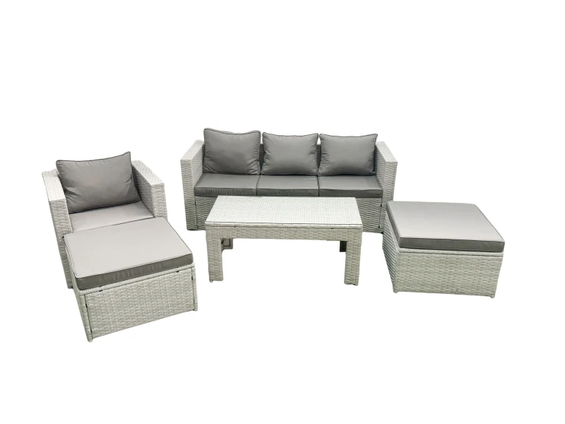 Image of Fimous Outdoor Rattan Garden Furniture Set with Grey Cushions Luxury 6 Seater with 2 Big Footstools and Coffee Table For Conservatory,Patio Light Grey