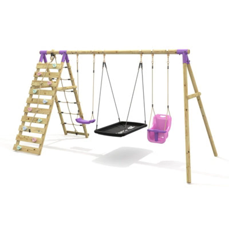 Image of OutdoorToys Triple Garden Swing Set with Climbing Wall for Kids - Skye Purple Purple Unisex