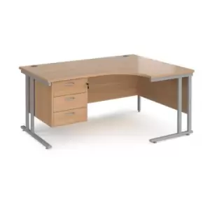 Image of Office Desk Right Hand Corner Desk 1600mm With Pedestal Beech Top With Silver Frame 1200mm Depth Maestro 25 MC16ERP3SB