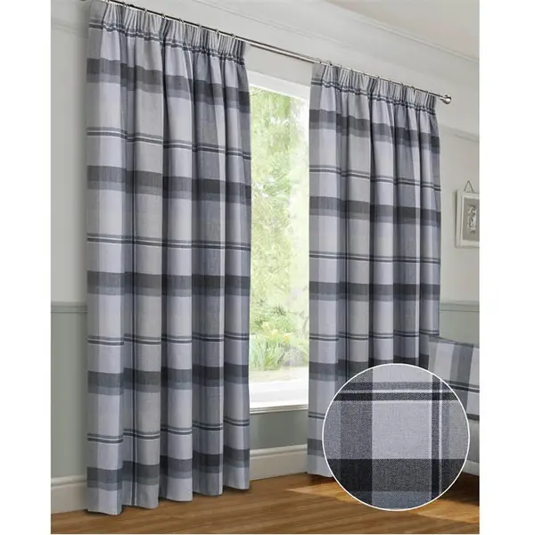 Image of Home Curtains Braemar Check Faux Wool Pencil Pleat Curtains - Grey 45x54
