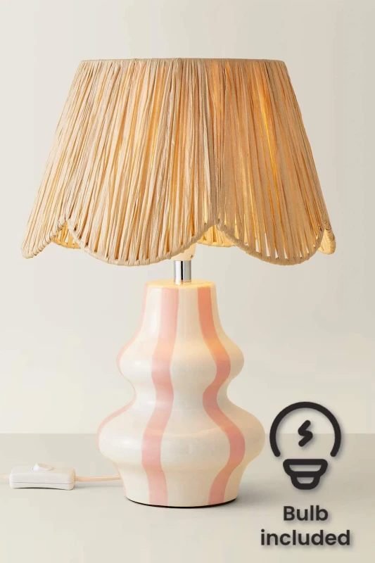 Image of ValueLights Perrie Ceramic Pink Stripe Table Lamp with Raffia Lamp Shade and LED Bulb Pink