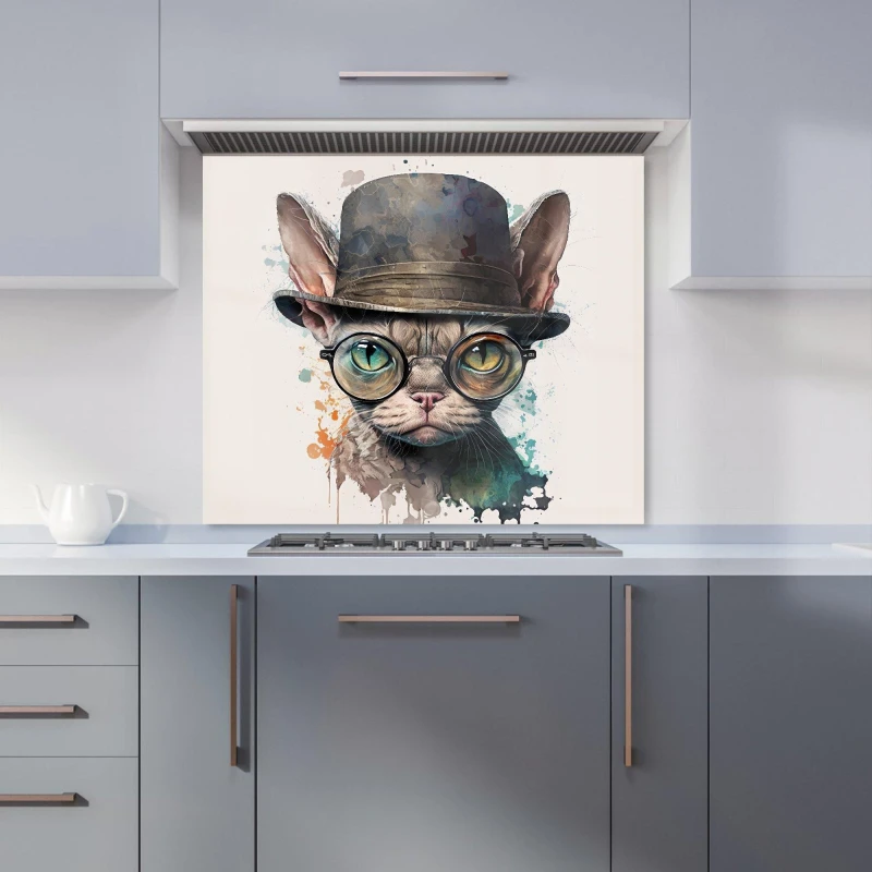 Image of Warren Reed - Designer Devon Rex Cat With Glasses Splashart Kitchen Splashback Size: 900mm x 750mm Multicolor Unisex 900mm x 750mm