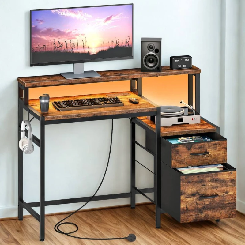 Image of FURNOS Industrial Computer Desk With Drawers, USB Outlets & LED Lights in Brown Brown Unisex
