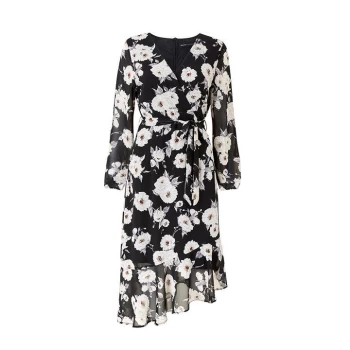 Image of Mela London Floral Printed Asymmetric Wrap Front Dre - Black