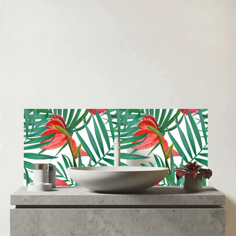Image of Warren Reed - Designer Tropical Flowers & Palm Leaves Glass Bathroom Splashback in Green Green Unisex