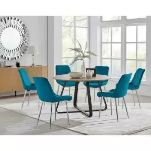 Image of Furniture Box Santorini Brown Round Dining Table and 6 Blue Pesaro Silver Leg Chairs