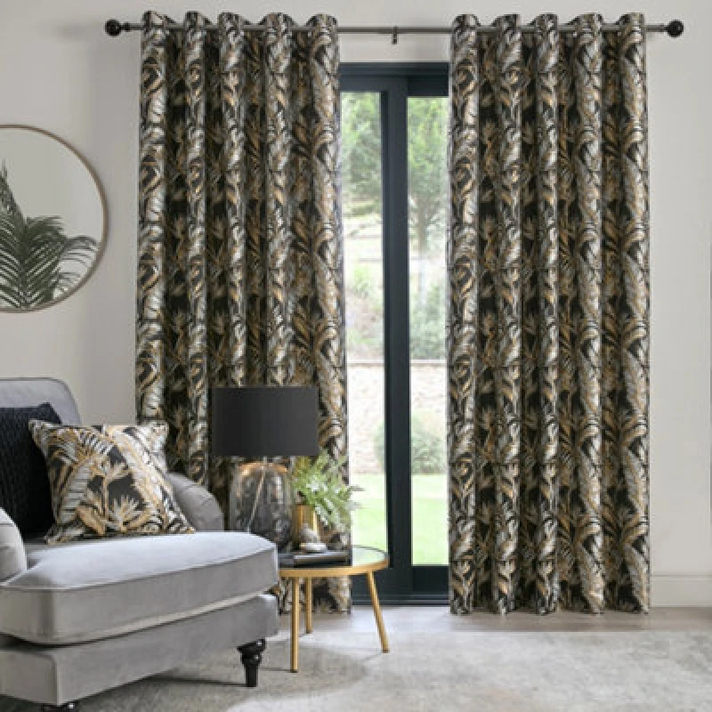 Image of Laurence Llewelyn-Bowen 'Paradise Palm' Jacquard Palm Leaf Pair of Eyelet Curtains Black
