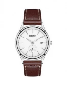 Image of Citizen Eco-Drive Silver Date Dial Brown Leather Strap Mens Watch