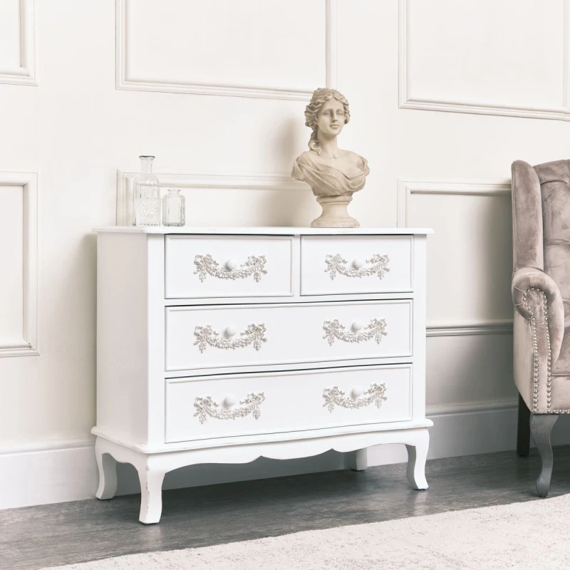 Image of Melody Maison Antique White 4 Drawer Chest Of Drawers - Pays Blanc Range White