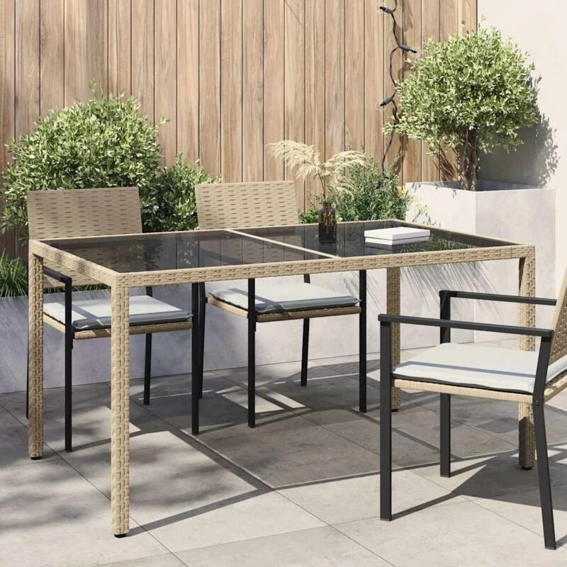 Image of VIDAXL Garden Table 150x90x75cm Tempered Glass and Poly Rattan Beige Vidaxl 8720286666463