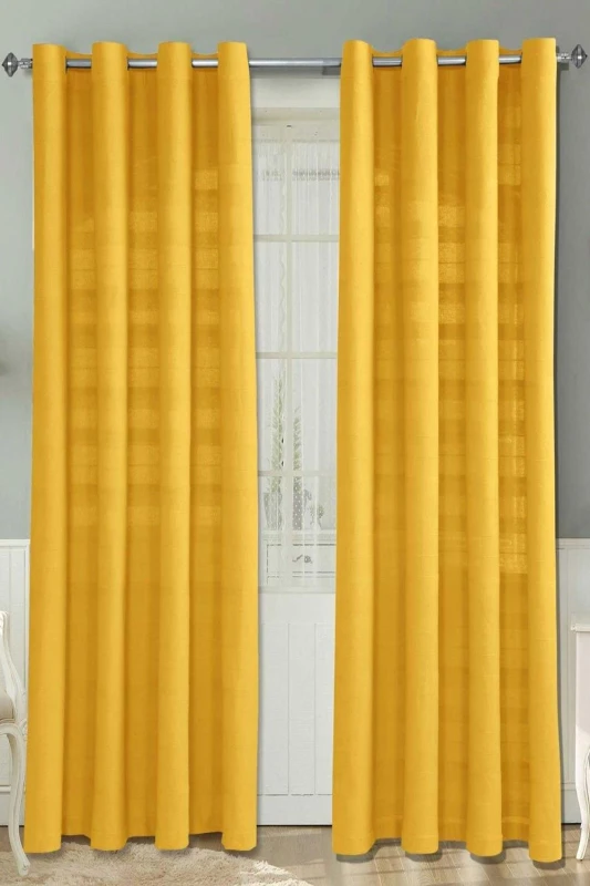 Image of Homescapes Cotton Rajput Ribbed Yellow Curtain Pair, 66 X 72" Drop