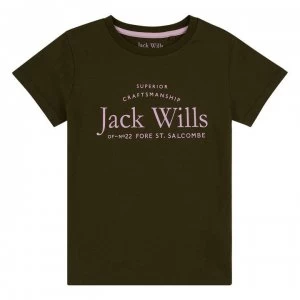 Image of Jack Wills Girls Forstal Script Logo T-Shirt - Khaki/Mayfly