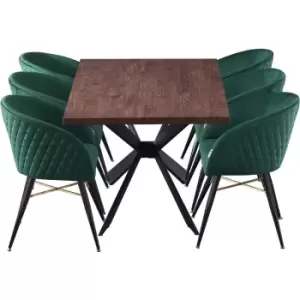 Image of 7 Pieces Life Interiors Vittorio Duke Dining Set - a Walnut Rectangular Dining Table and Set of 6 Green Dining Chairs - Green