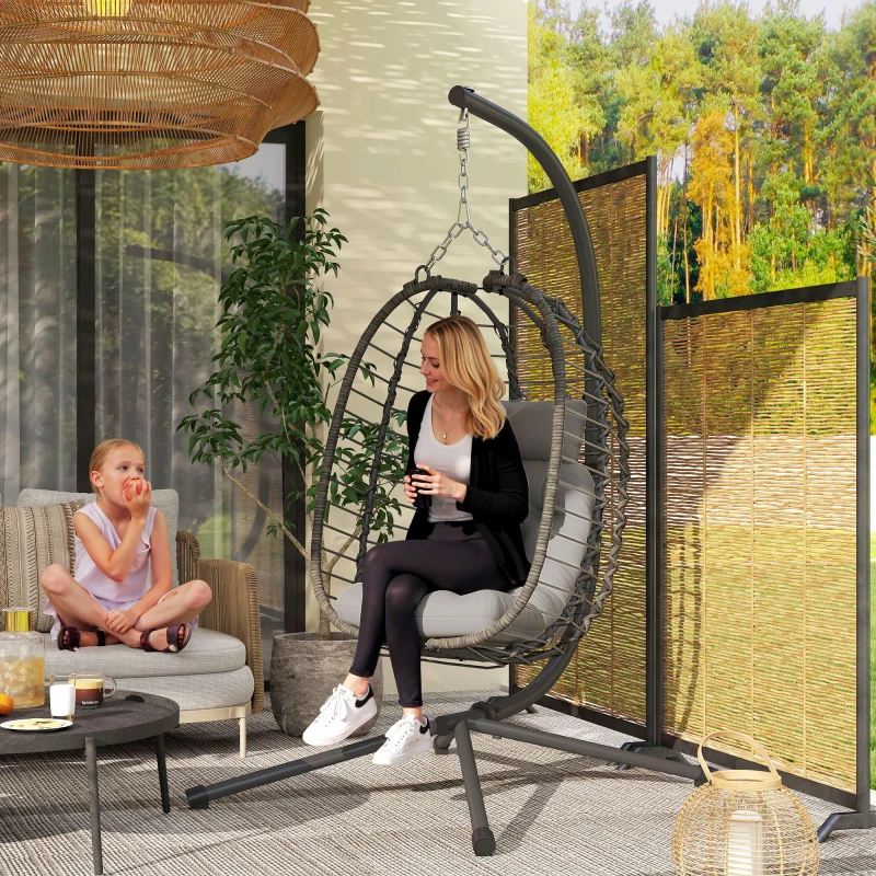 Image of Outsunny Rattan Hanging Egg Chair w/ Stand, Cushion, Headrest, Light Grey 867-281V70LG