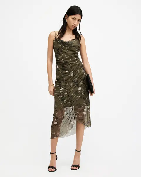 Image of AllSaints Ulla Mesh Draped Kora Midi Dress