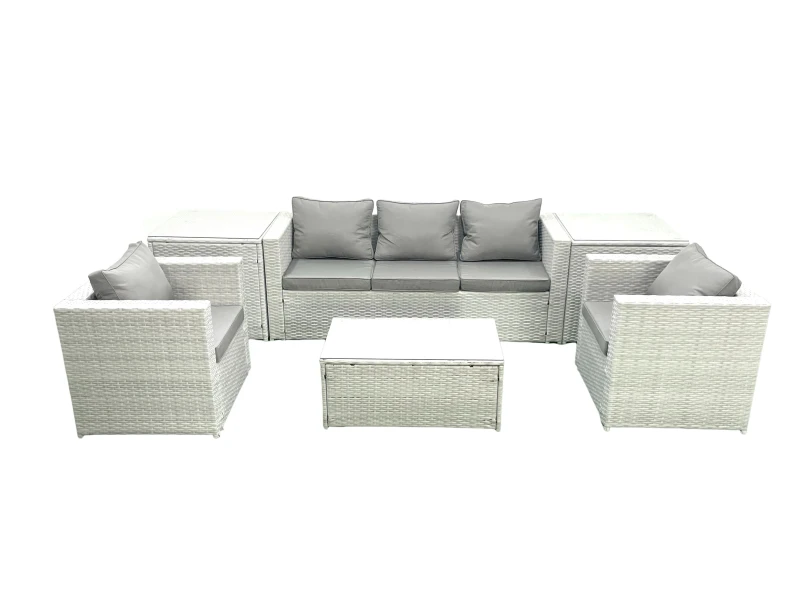Image of Fimous Rattan Garden Furniture Set with 3 Seater Sofa 2 Chair Rectangular Coffee Table 2 Side Tables Light Grey Mixed 5 Seater Light Grey