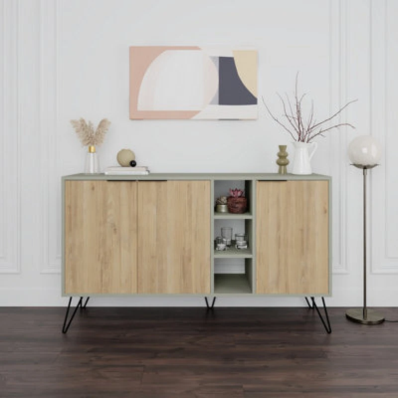 Image of Decortie Clara Sideboard Cabinet Modern Storage Shelves Hairpin Legs Ash Green, Oak 142Cm