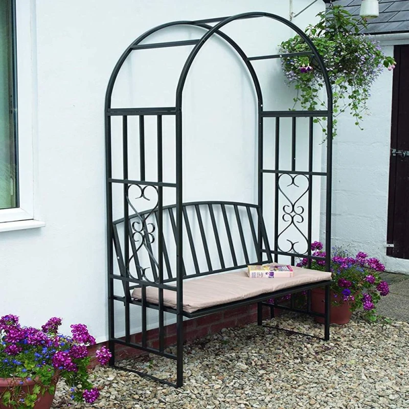 Image of Gr8 Garden Garden Metal Black Rose Arch Trellis With Bench Pergola Arbour Black