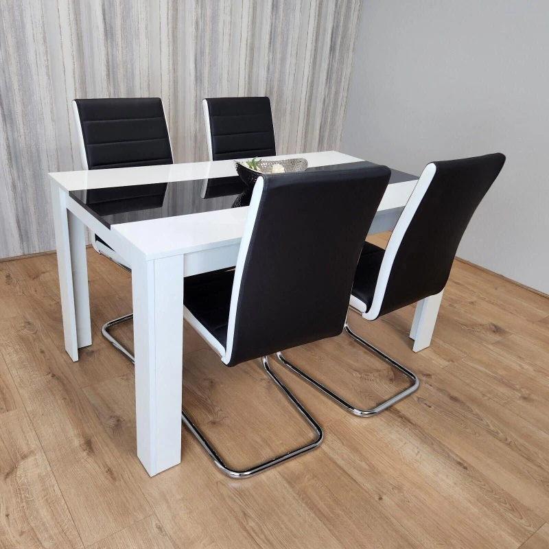 Image of KOSY KOALA Dining Table and 4 Faux Leather Black White Padded Chairs High Gloss Wood Dining Kitchen Set of 4 Multi