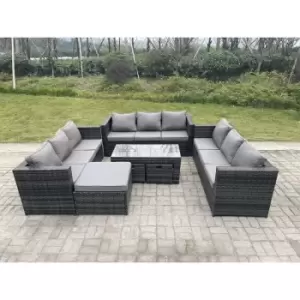 Image of Fimous 9 Seater Outdoor Dark Grey Rattan Lounge Complete Sofa Set with Oblong Rectangular Coffee Table and Big Footstool