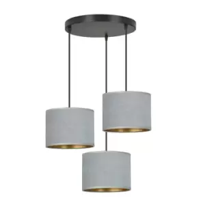 Image of Hilde Black Cluster Pendant Ceiling Light with Gray Fabric Shades, 3x E27