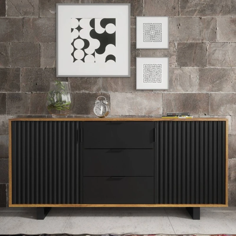 Image of Creative Furniture Blackridge Sideboard 140cm - Dark Oak with Black Fluted Doors & Drawer in Brown Brown Unisex
